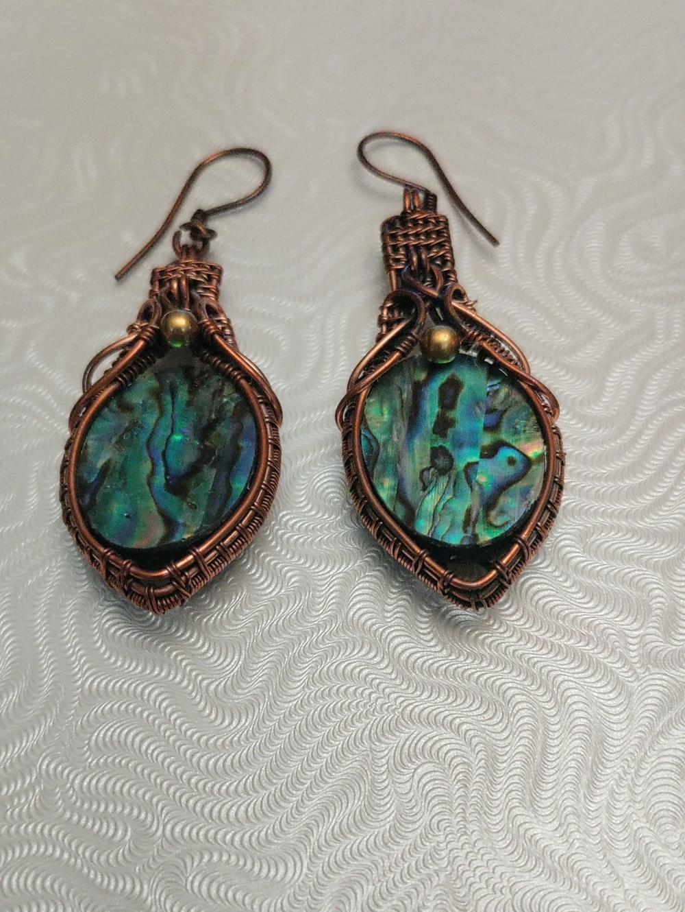 Artisan Copper Wire Abalone Teardrop Earrings - Blue Green